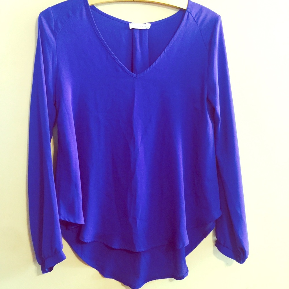 Lush Royal Blue Long Sleeve High Low Blouse